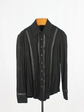 SHRINE OF HOLLYWOOD Black Twill Satin Pleated Trim Button Down Tux Shirt, Size M